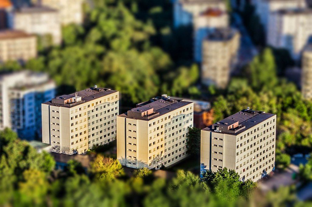 Flygfoto av studenthus på Gärdet i Stockholm